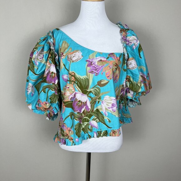 Love The Label Tops - Anthropologie Love The‎ Label Top Womens XL Blue Floral Puff Sleeve Asymmetrical